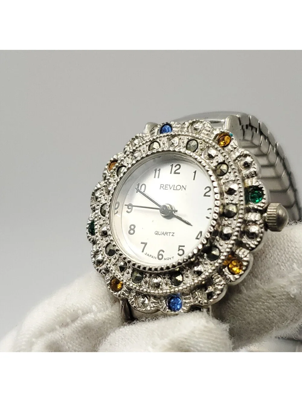Revlon Multicolor Gem Bezel Quartz Womens Watch 26mm Stretch Band New Battery